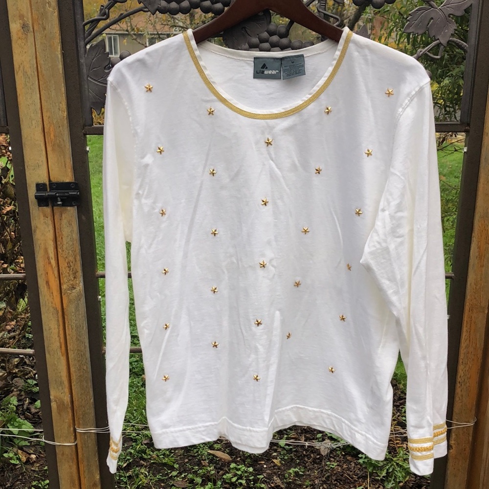 Liz Wear white long sleeved shirt with stars and stripes size M